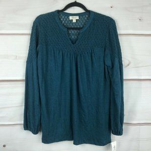 Style & Co Plus Size Long Sleeve Crochet Trim Green /Dark KaleKnit Blouse Top